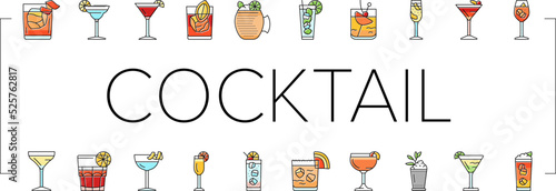 cocktail glass drink alcohol bar icons set vector