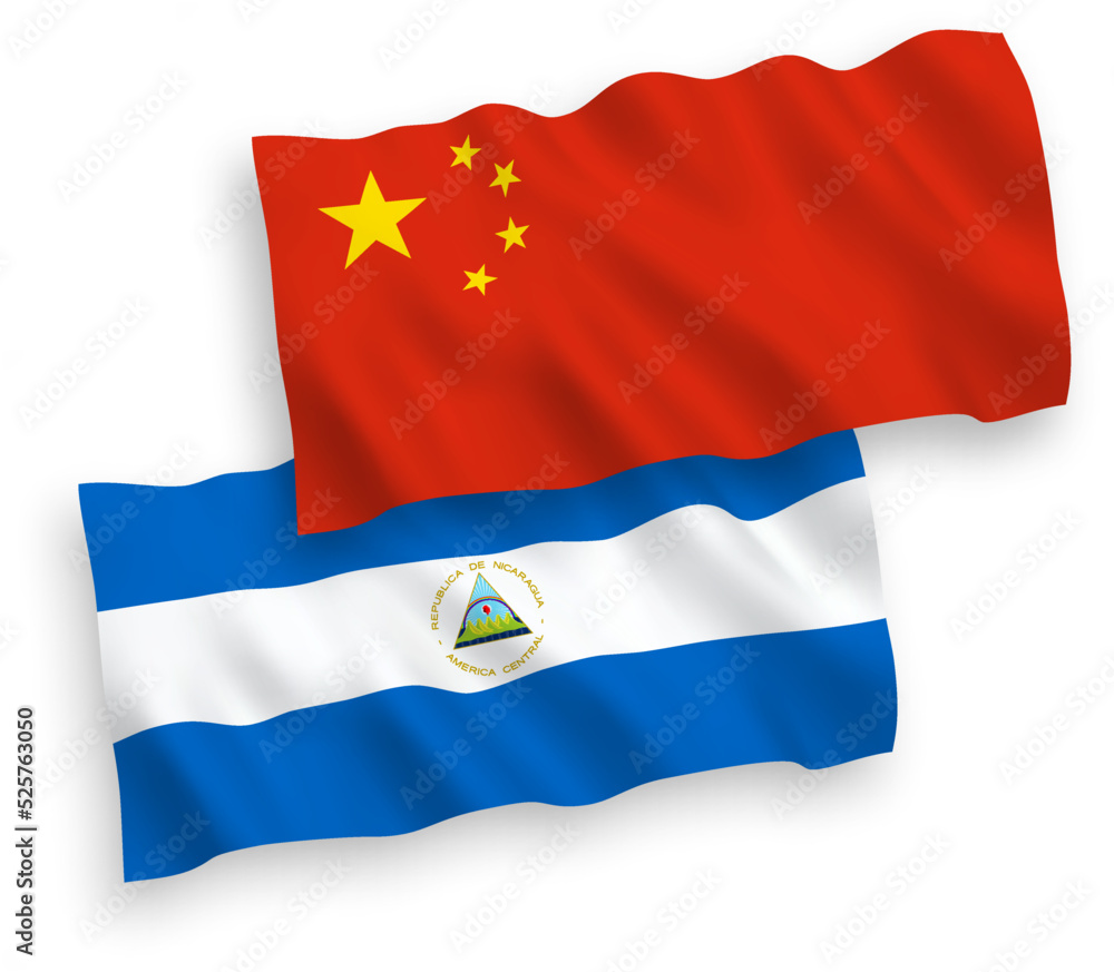 National vector fabric wave flags of Nicaragua and China isolated on white background 1 to 2 proportion. National vector fabric wave flags of Nicaragua and China isolated on white background 1 to 2 proportion.