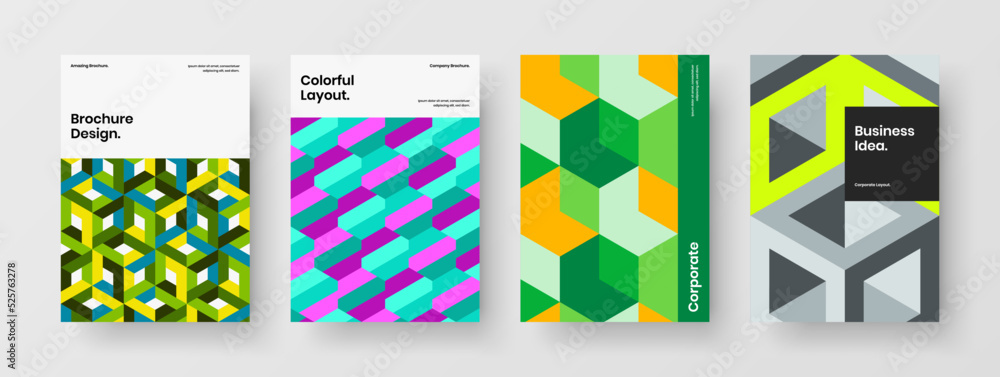Fresh mosaic tiles brochure illustration collection. Clean company cover vector design template bundle.