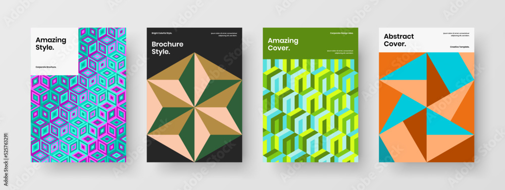 Fresh mosaic tiles postcard layout bundle. Multicolored company brochure A4 vector design template composition.