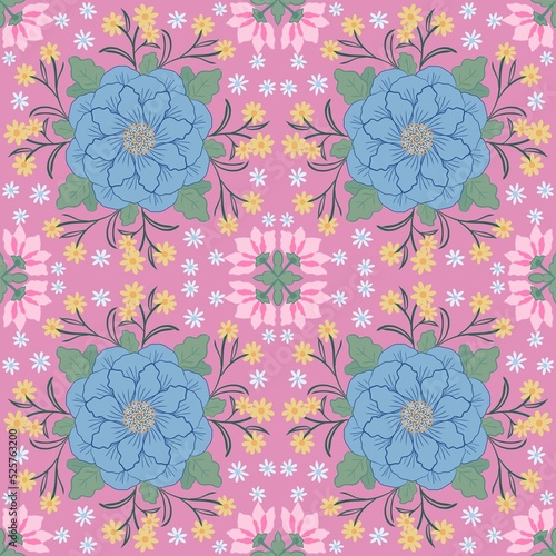 Vintage blue wreath flower illustration seamless pattern on pink background, Flora arranged mandalas repeat patterns for clothing fashion fabric textiles printed, wallpaper, paper wrapping