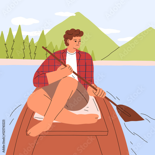 Man sailing on wood boat with paddle. Calm person relaxing, rowing along lake...