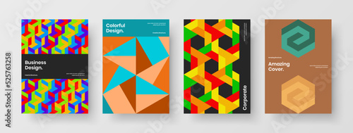 Multicolored catalog cover A4 vector design layout collection. Fresh geometric hexagons handbill template set.