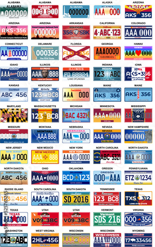 Complete Set 60 United States License Plates - All 60 USA States, Special Design And Regulation For All States, Car numbers of vehicle registration in USA states (abstract numbers)