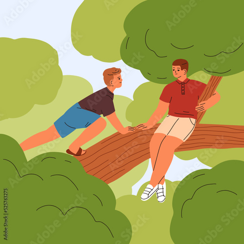 Boys kids climbing tree, sitting on branch. Teenagers friends having fun outdoors on summer holiday. Happy teen children brothers playing in nature on summertime vacation. Flat vector illustration
