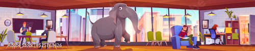 Elephant in office with working businesspeople. Company employees, work at desks ignoring huge animal in room. Concept of ignore obvious problem and unpleasant issues, Cartoon vector Illustration