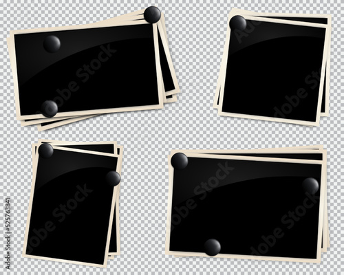Realistic photo frames. Vintage empty photos frame with adhesive tapes. Images on wall, retro memory album. White blank square old card for photograph memories vector template

