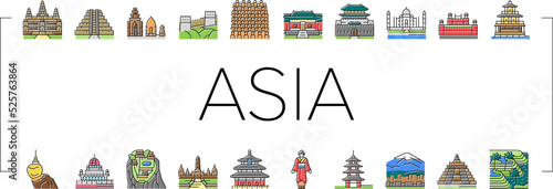 Asia Building And Land Scape Icons Set Vector