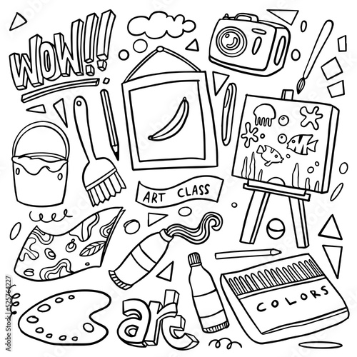 Hand drawn of panting and creativity in doodle style isolated on white background, Vector hand drawn set creativity theme. Vector illustration