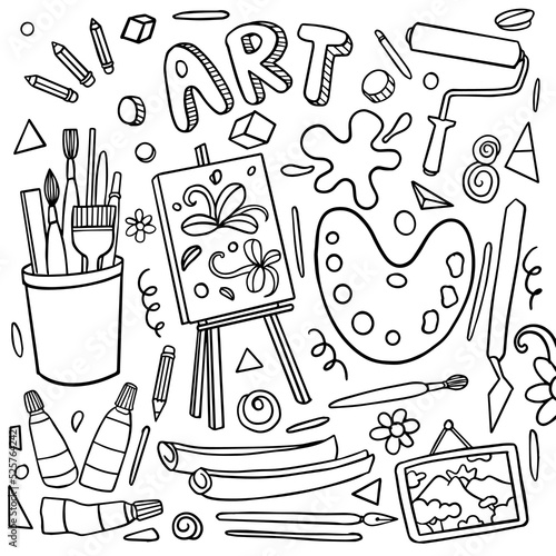 Hand drawn of panting and creativity in doodle style isolated on white background, Vector hand drawn set creativity theme. Vector illustration