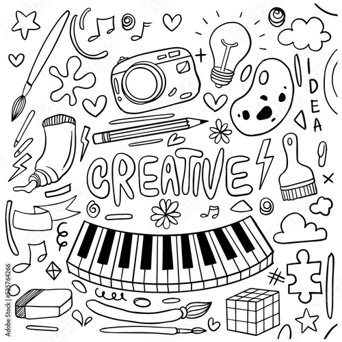 Hand drawn of creativity in doodle style isolated on white background, Vector hand drawn set creativity theme. Vector illustration
