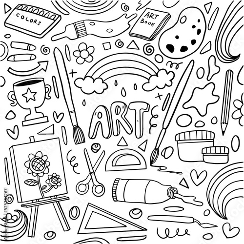 Hand drawn of panting and creativity in doodle style isolated on white background, Vector hand drawn set creativity theme. Vector illustration