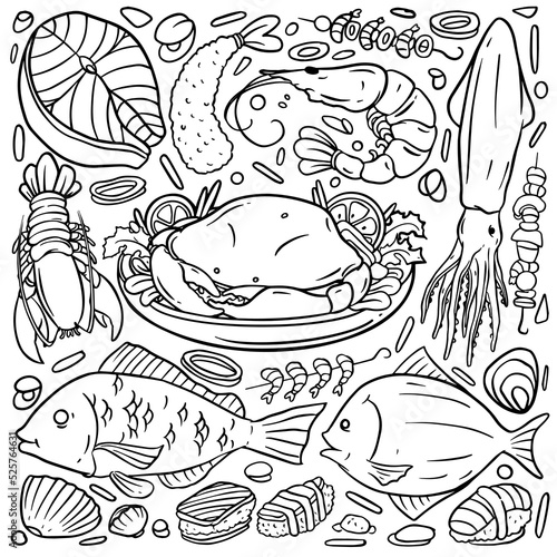 Hand drawn set of seafood illustration, lobster, crab, oyster, mussel, squid and shrimp. Seafood doodles isolated on white background. Vector illustration