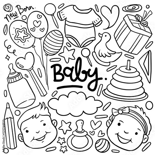 Baby and newborn doodle for icon, banner. Cartoon sketch style doodle with baby girl and boy toy, food, ball, balloon, moon, star, milk bottle, birthday elements. hand drawn and Vector illustration