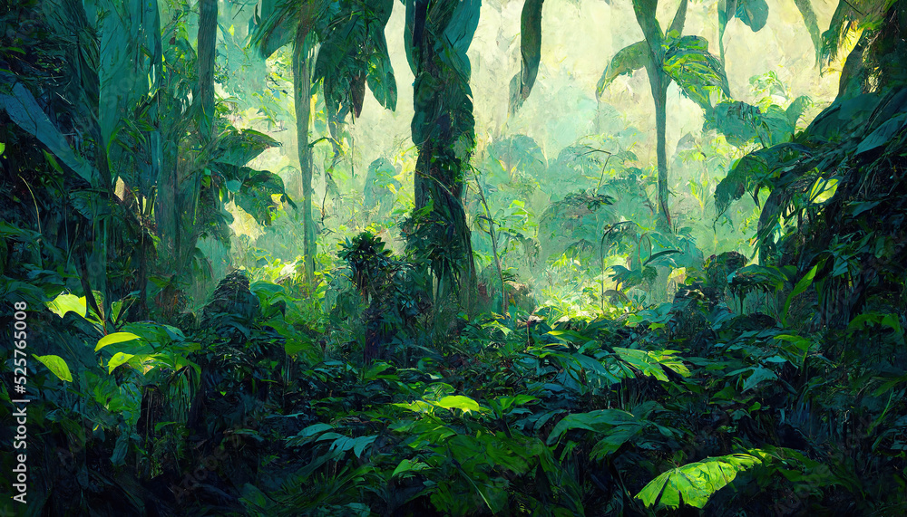 Jungle nature landscape wallpaper. Exotic forest illustration with lush