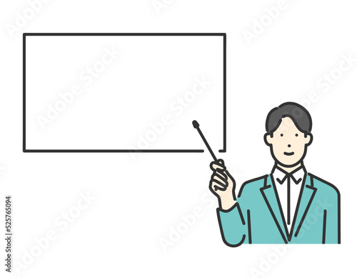 ホワイトボードを使って説明するスーツ姿のビジネスパーソンのイラスト素材