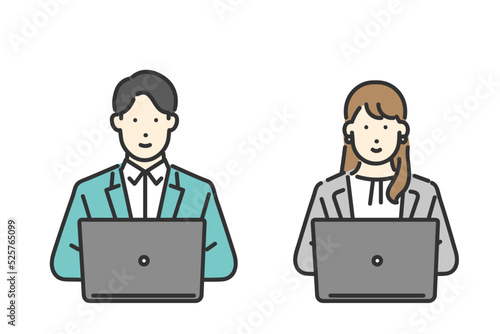 パソコンで仕事をする男女のビジネスパーソンのイメージイラスト素材