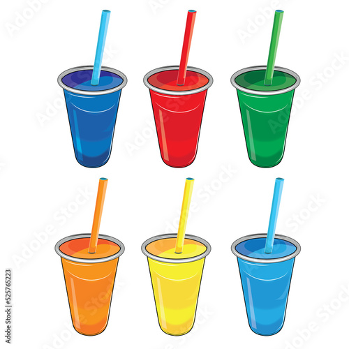 Six different slurpeee type drinks in plastic cups with straws, PNG with transparent background