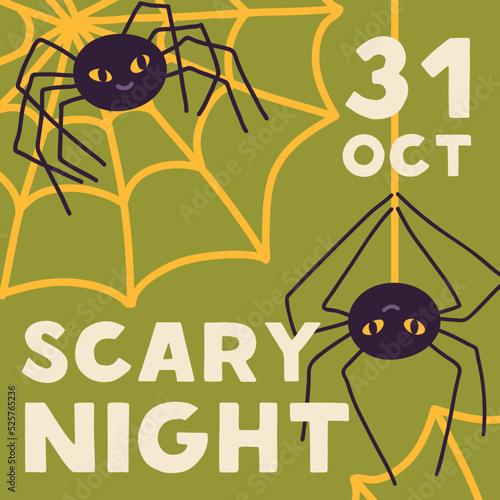 Scary Halloween card design with cute funny spiders on web. Square background...