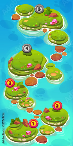 Game level map with green islands in sea and icons with numbers. Top view of blue water and islands with grass, stones and pink gems, vector cartoon illustration for mobile game background