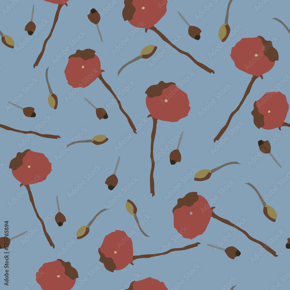 seamless plants pattern on blue background with red flowers , greeting card or fabric