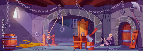 Medieval torture cell, cartoon illustration. Stone castle dungeon with human skeleton, sharp axe, wooden chair with iron shackles, metal chains hanging on walls and ceiling. Vector interior design