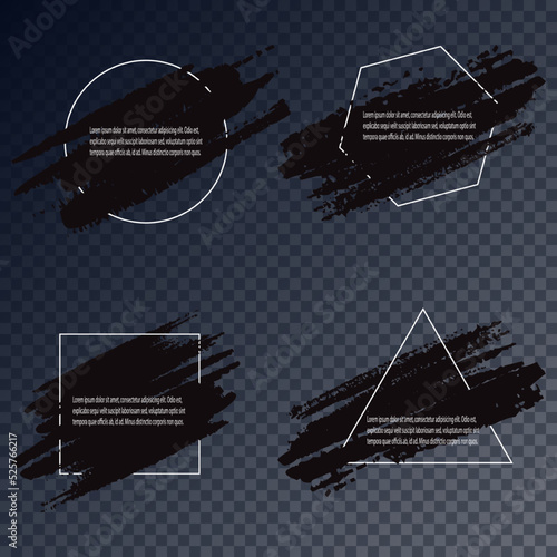 Vector square, triangle, rhombus, hexagon and round circle painted frames on black brush stroke background. Geometric shapes borders, frame lines on textured paint dab isolated design elements.
