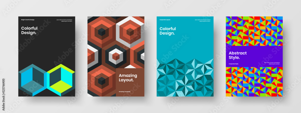 Fototapeta premium Clean mosaic hexagons leaflet template collection. Premium magazine cover A4 vector design illustration set.