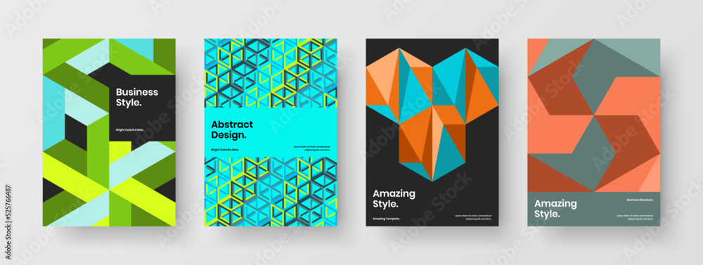 Modern company brochure A4 design vector layout set. Clean mosaic hexagons annual report illustration collection.