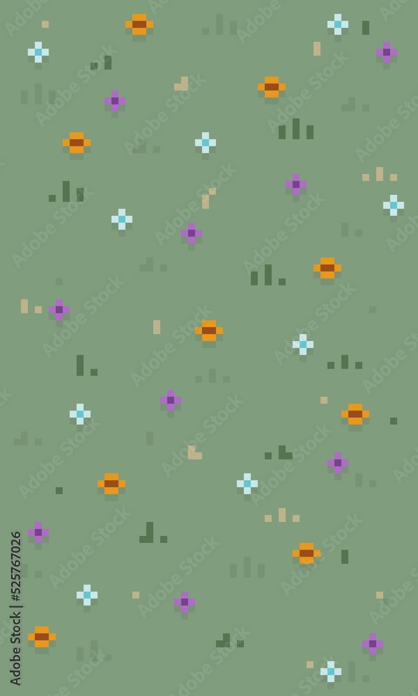 Pixel art tiles set green park with grass and flowers. Background, wallpaper or game assets. Android, ios, iPhone wallpaper. Pixel art tiles set green park with grass and flowers. Background, wallpaper or game assets. Android, ios, iPhone wallpaper.