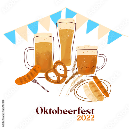 Octobeerfest 2022 illustration with stylized beer mugs, with traditional snacks pretzel and grilled sausage on white background