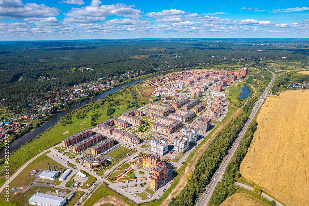 Panorama city Tomsk and Tom River day summer. Aerial top view