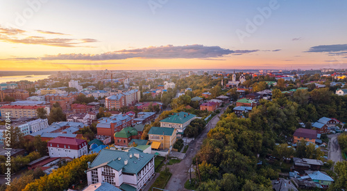 Panorama city Tomsk and Tom River sunset day summer. Aerial top view