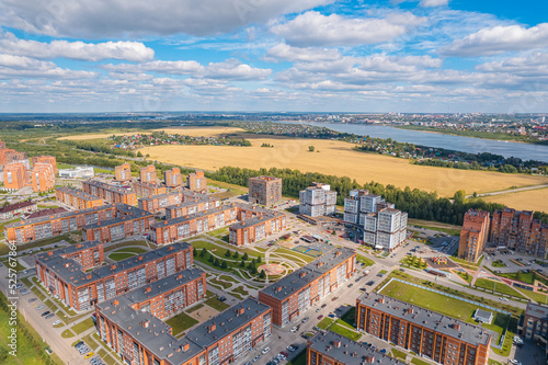 Panorama city Tomsk and Tom River day summer. Aerial top view