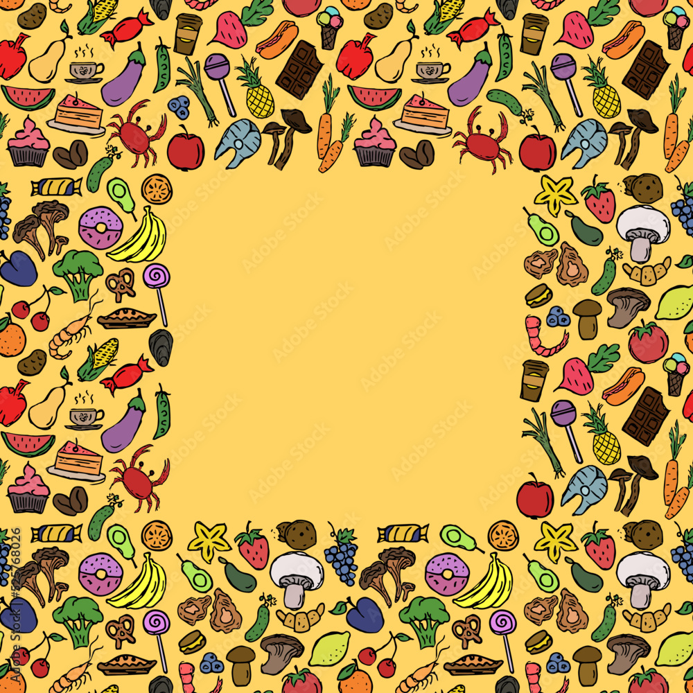 food background with place for text. Doodle food frame illustration