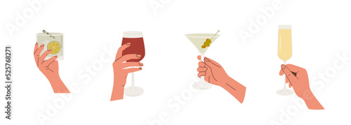 Foto Set of female or male hand holding glass with alcoholic cocktails, champagne and wine