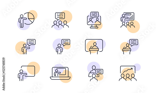 Presentation set icon. Give a speech, workflow, lecture, lecturer, tribune, remote work, distance learning, online conference, strategy, analytics, pie chart. Business concept. Vector line icon