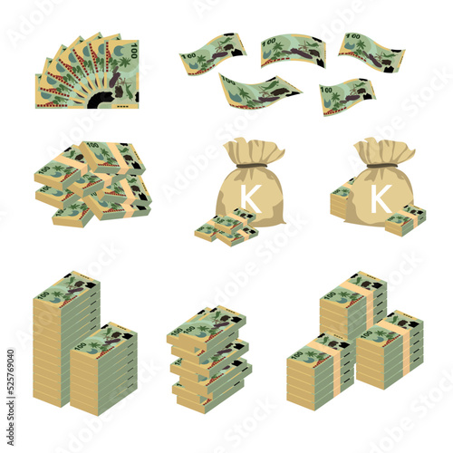 Kina Vector Illustration. Huge packs of Papua New Guinea money set bundle banknotes. Bundle with cash bills. Deposit, wealth, accumulation and inheritance. Falling money 100 PGK