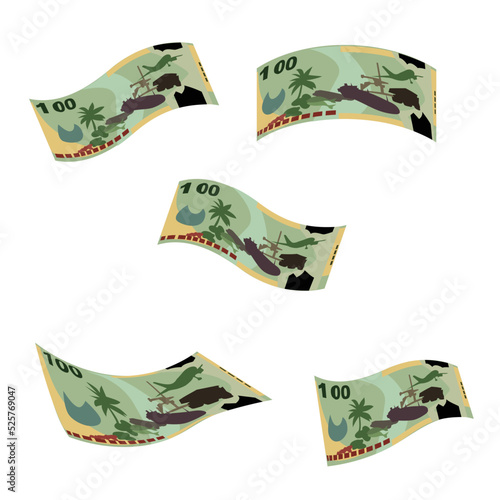 Kina Vector Illustration. Papua New Guinea money set bundle banknotes. Falling, flying money 100 PGK. Flat style. Isolated on white background. Simple minimal design.