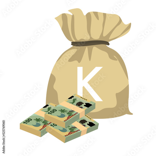 Kina Vector Illustration. Papua New Guinea money set bundle banknotes. Money bag 100 PGK. Flat style. Isolated on white background. Simple minimal design.