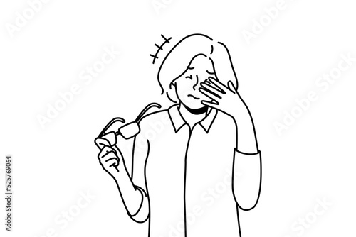 Unhealthy woman take off glasses suffer from migraine. Unwell female struggle with dizziness or blurry vision. Sight problem and healthcare. Vector illustration. 