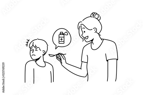 Mother giving unhappy sick child meds. Stubborn ill boy kid refuse taking medications. Children healthcare and medicine. Vector illustration. 