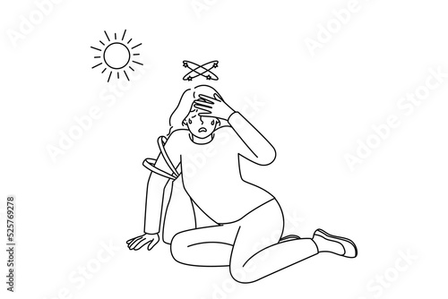 Unhealthy woman fall on ground suffer from heatstroke from hot weather outside. Female feeling bad lose consciousness struggle with heat. Overheat concept. Vector illustration. 