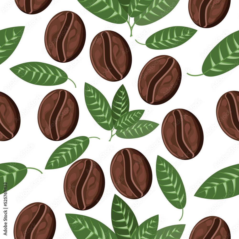 Seamless pattern of coffee beans and leaves on a white background.Vector pattern can be used in textiles, packaging, coffee shop menus. Seamless pattern of coffee beans and leaves on a white background.Vector pattern can be used in textiles, packaging, coffee shop menus.