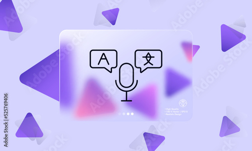 Translators microphone line icon. Voice input, voice over translation, multilingual, dictionary, vocabulary, letter, hieroglyph. Technology concept. Glassmorphism style. Vector line icon for Business