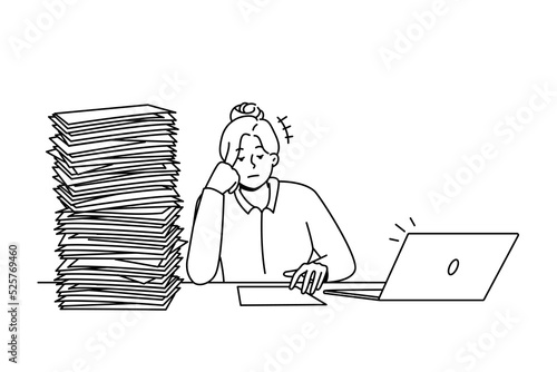 Tired unmotivated businesswoman sit at desk with pile of paperwork. Exhausted female employee overwhelmed with paper documents. Job burnout. Vector illustration. 