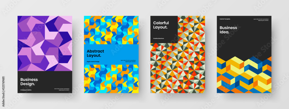 Bright geometric pattern poster illustration set. Modern postcard vector design template bundle.