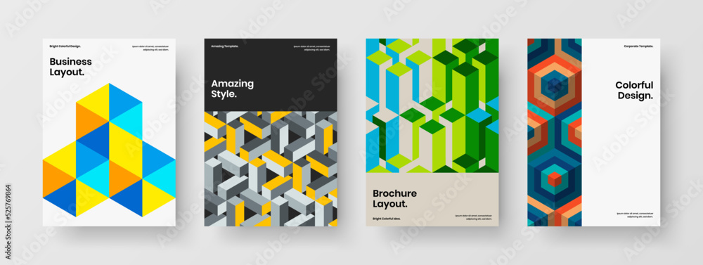 Multicolored mosaic pattern brochure concept bundle. Colorful handbill A4 design vector template collection.