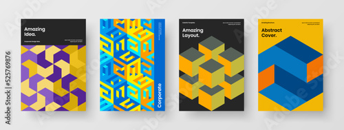 Original mosaic shapes corporate brochure layout composition. Minimalistic postcard vector design template set.