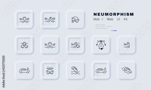 Car accidents set icon. Fall from cliff, overheating, fall into water, falling concrete slab, crash into wall, collision, explosion, keep distance. Road traffic concept. Neomorphism. Vector line icon